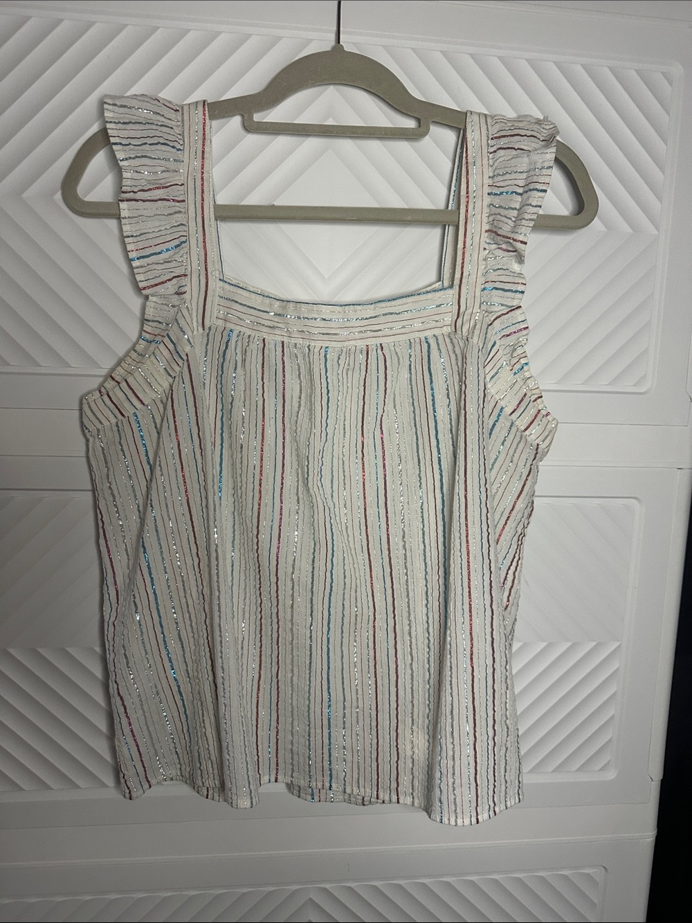 LOFT Cream Striped Ruffle-Shoulder Camisole